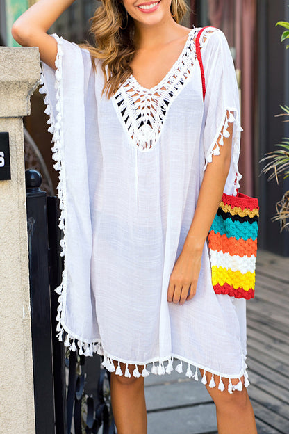 Traje de baño sexy de vacaciones con borlas sólidas, ahuecado y sin espalda