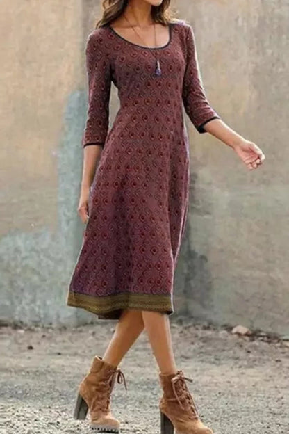 Vestidos casuales vintage con estampado geométrico y cuello redondo en forma de A
