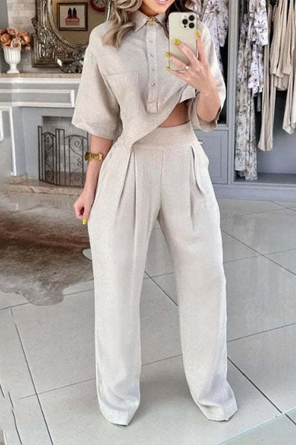 Conjunto informal de dos piezas con cuello vuelto, asimétrico, manga corta y botones sólidos para uso diario