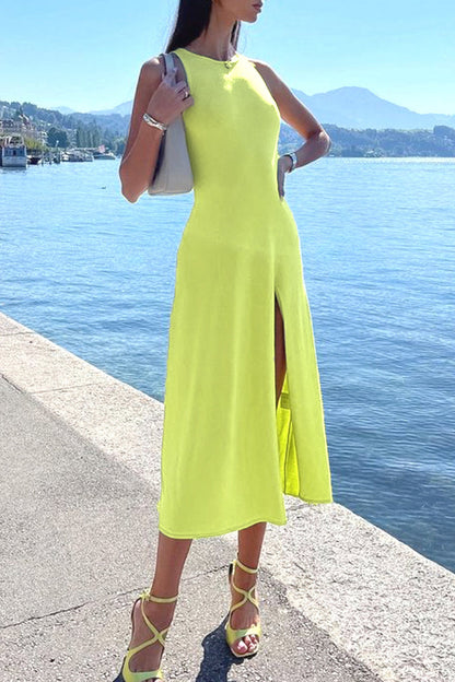 Vestido sexy sin mangas con cuello redondo y abertura sólida