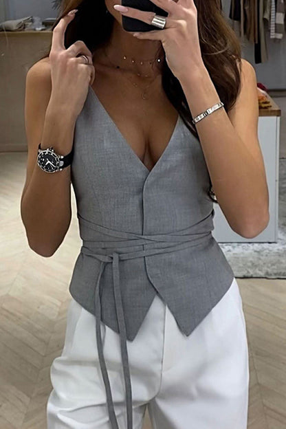 Tops casuales de estilo británico con cuello en V y frenillo liso (3 colores)