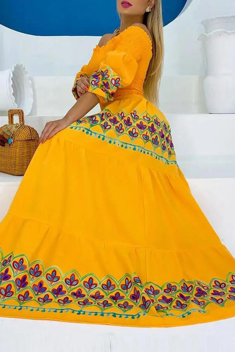 Vestido estampado con hombros descubiertos y estampado geométrico bohemio