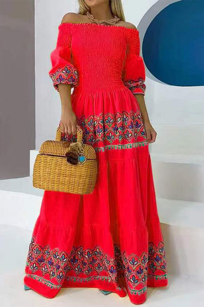 Vestido estampado con hombros descubiertos y estampado geométrico bohemio