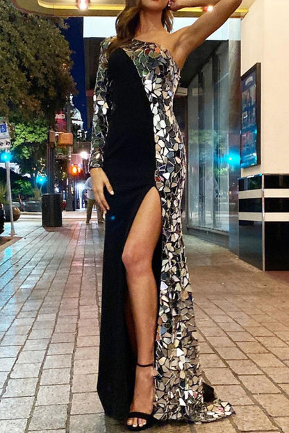 Vestido largo sexy formal de patchwork con espalda descubierta, abertura y cuello oblicuo (sujeto al modelo real)