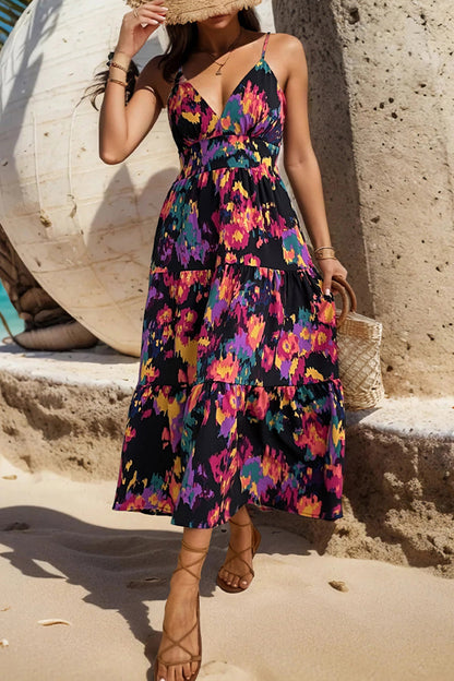 Vestido sexy con cuello en V, sin espalda y estampado