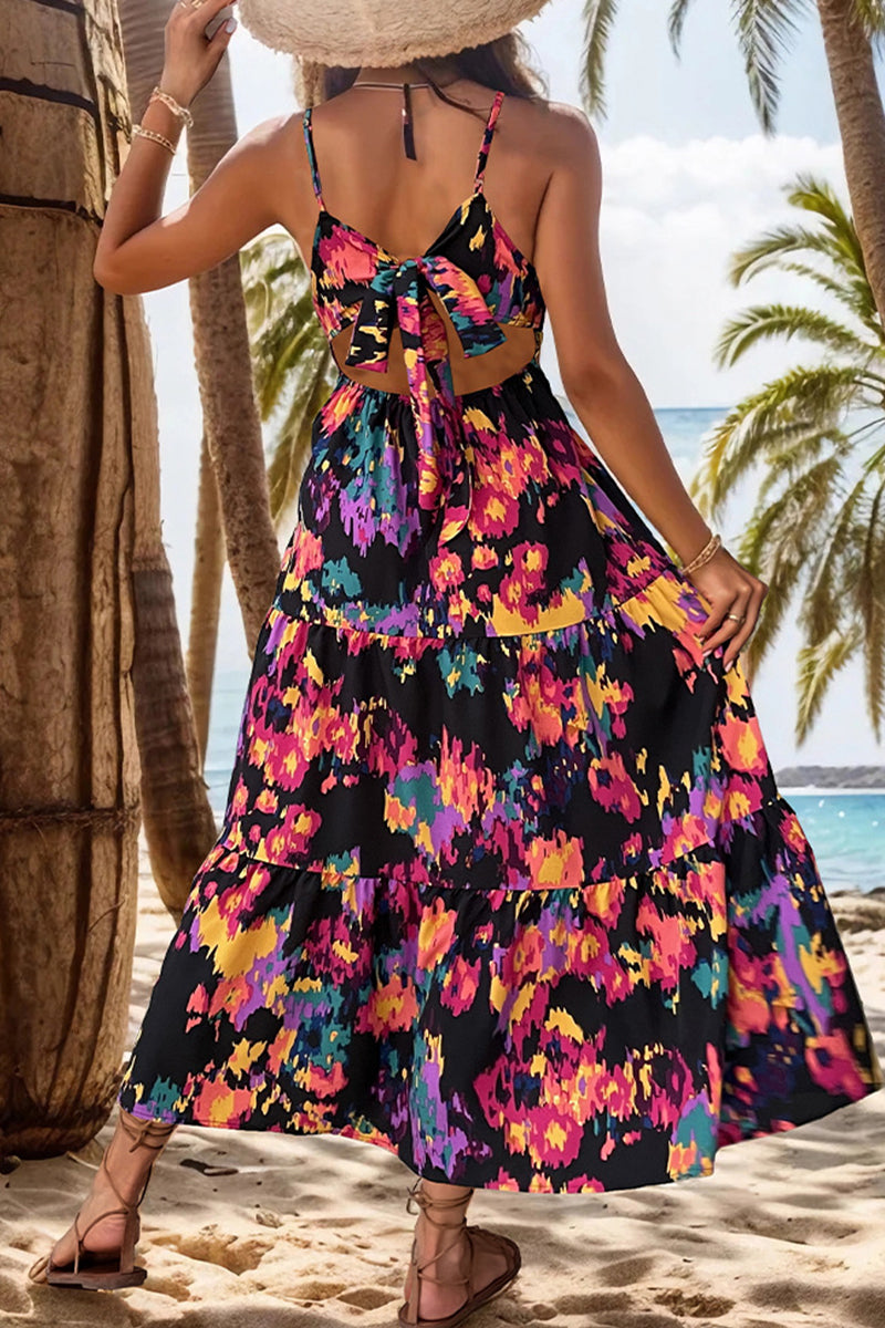 Vestido sexy con cuello en V, sin espalda y estampado