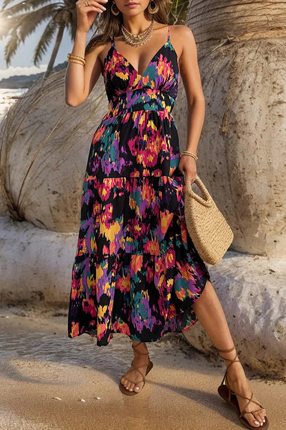 Vestido sexy con cuello en V, sin espalda y estampado