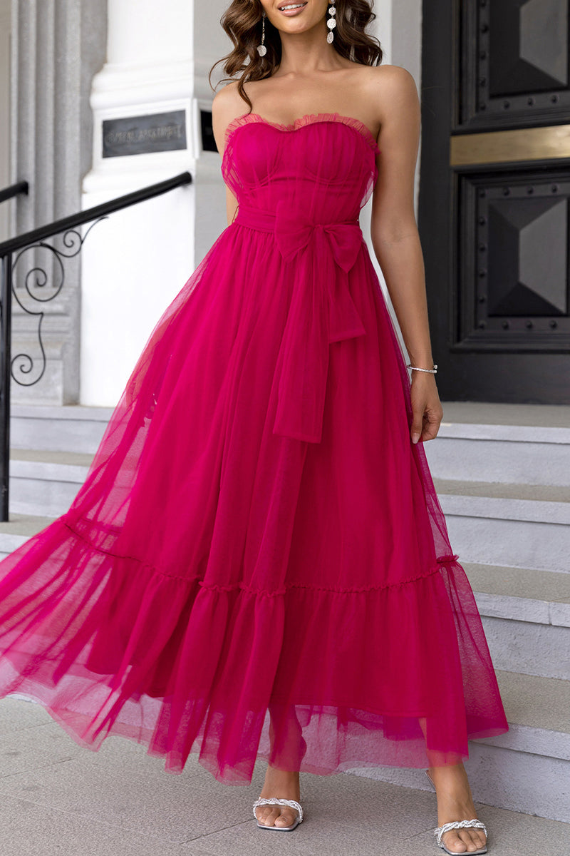 Elegante vestido de noche formal liso con volantes y lazo sin tirantes
