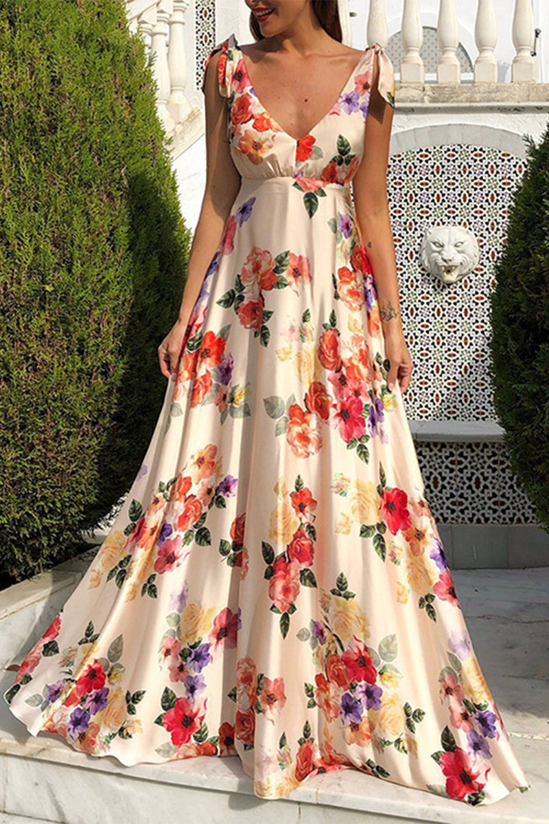 Elegante vestido estampado floral con escote en V y espalda descubierta