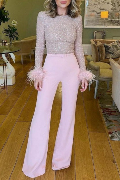 Mono ajustado informal de lentejuelas con cuello redondo y cinturón (sujeto al modelo real)