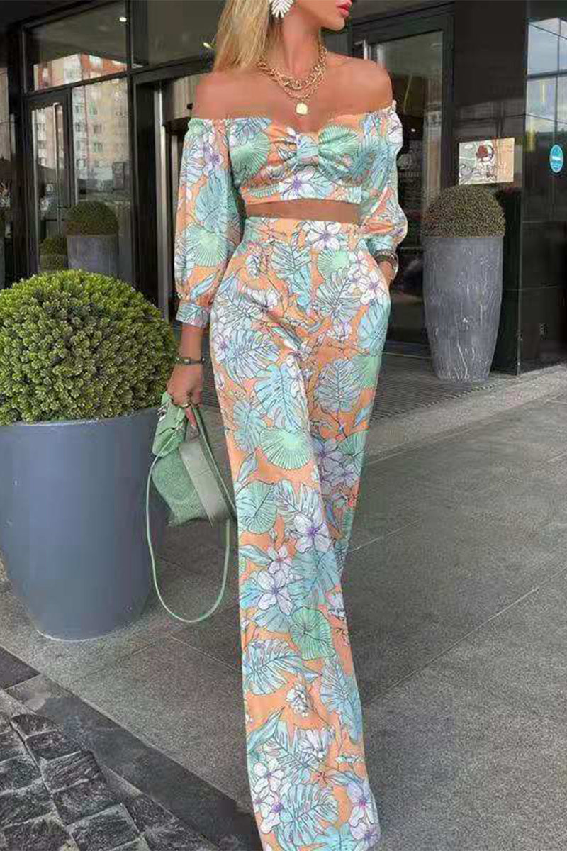 Conjunto de dos piezas de manga larga con hombros descubiertos y bolsillo floral sexy