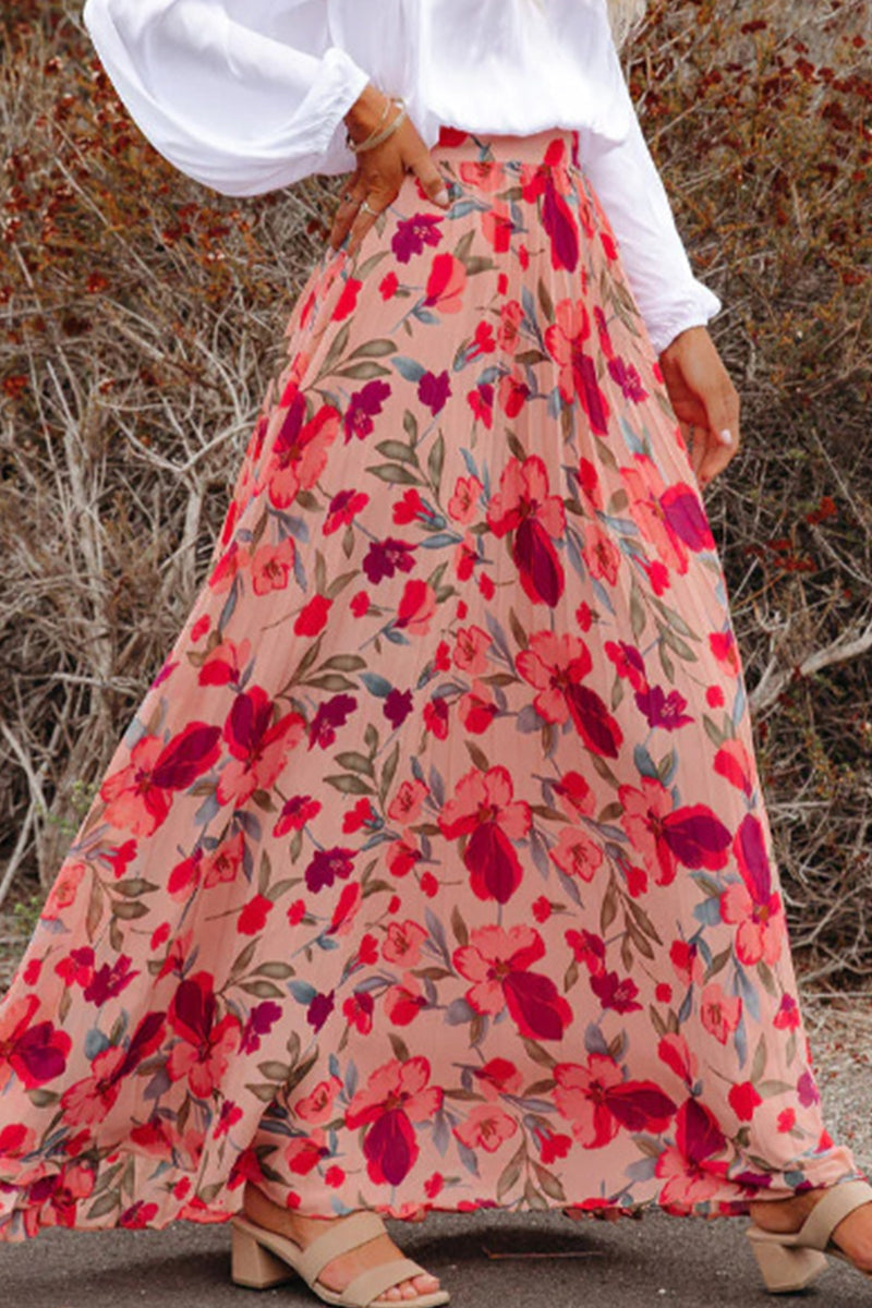 Elegante pantalón tipo A de cintura alta plisado con estampado floral