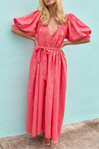 Vestidos casuales de corte A con escote en V, frenillo y bolsillo con estampado de amor