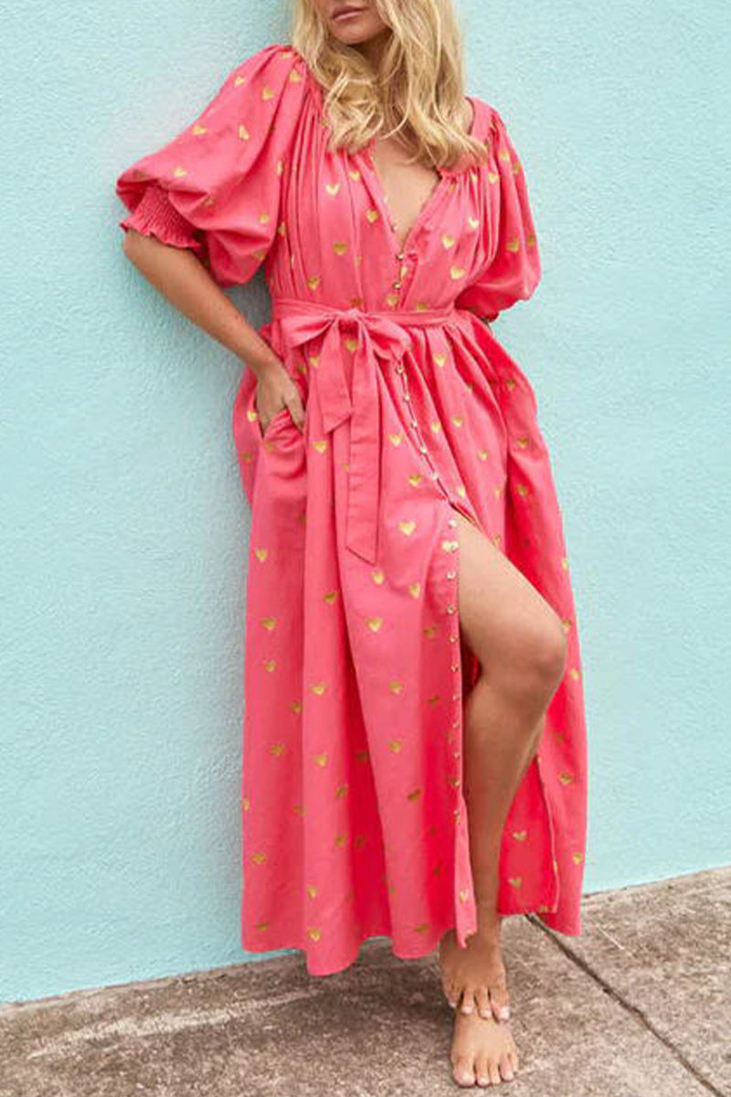 Vestidos casuales de corte A con escote en V, frenillo y bolsillo con estampado de amor