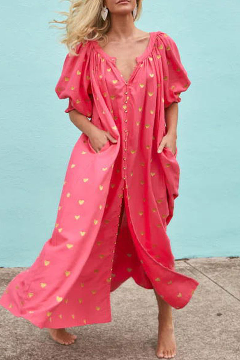 Vestidos casuales de corte A con escote en V, frenillo y bolsillo con estampado de amor