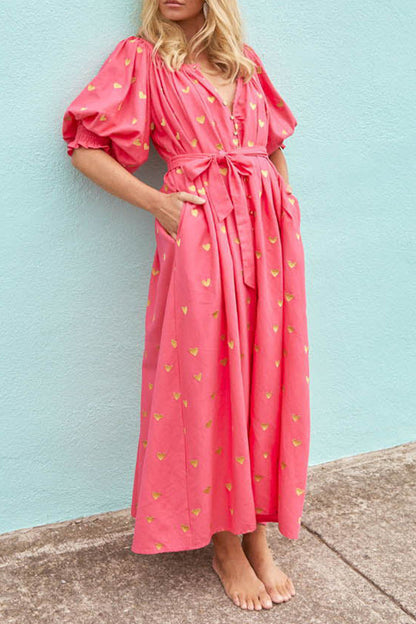 Vestidos casuales de corte A con escote en V, frenillo y bolsillo con estampado de amor