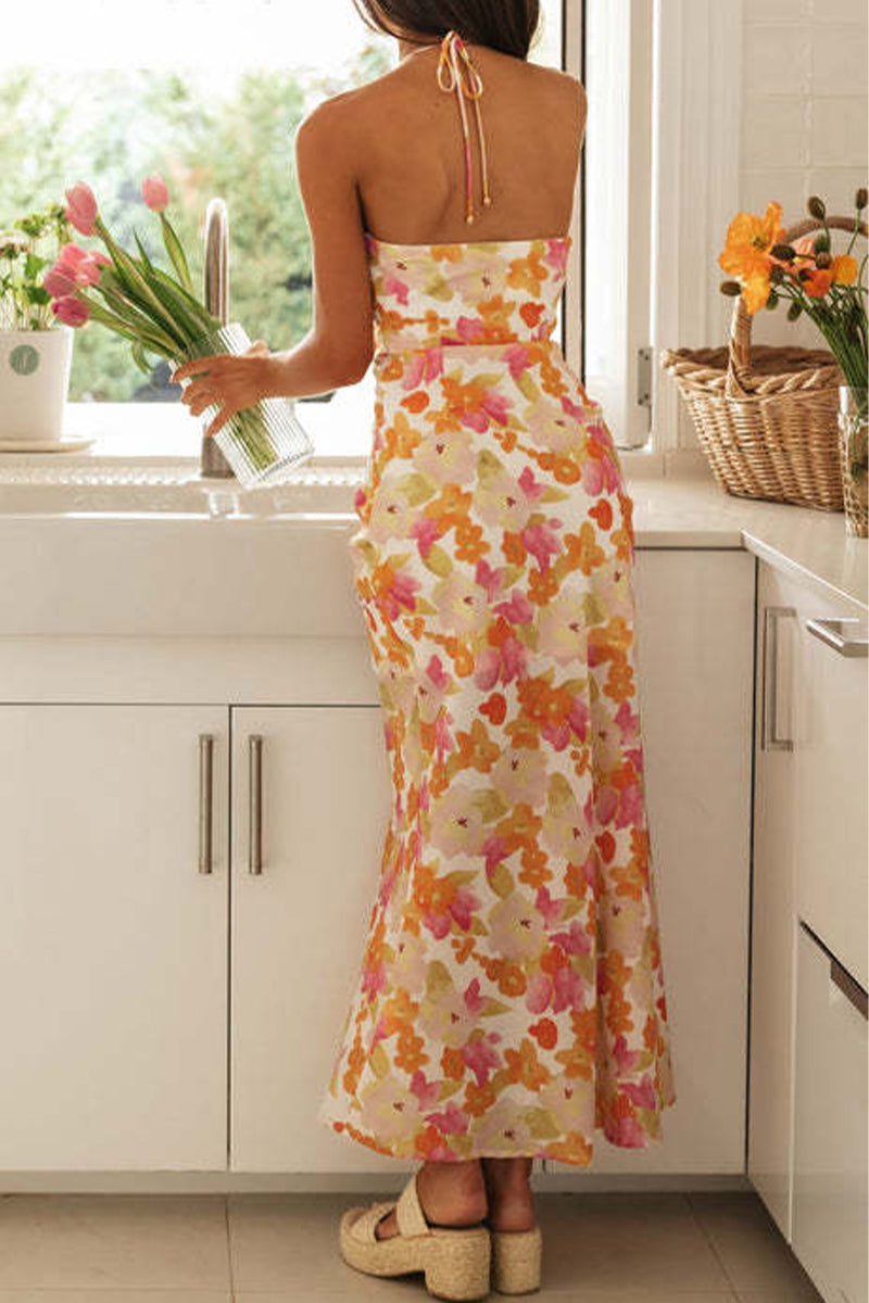 Vestido sexy con estampado floral, cuello halter asimétrico, sin mangas y abertura con cordón