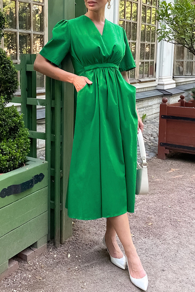 Vestidos casuales de corte A con cuello en V, bolsillos y cordón ajustable