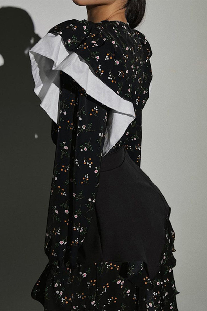 Elegante vestido de falda con volantes, botones florales y cuello redondo (cinturilla)