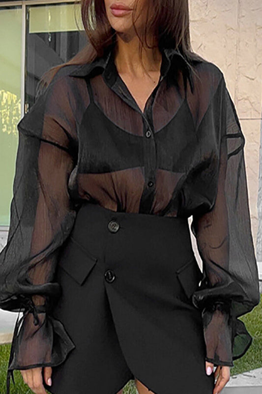 Tops sexys de malla transparente con cuello vuelto