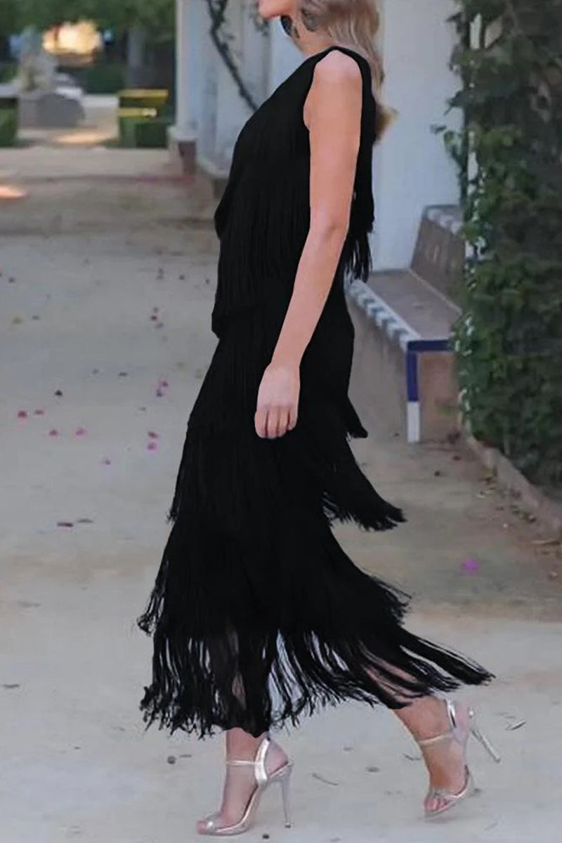 Vestido sexy irregular con borlas sólidas y cuello oblicuo (5 colores)