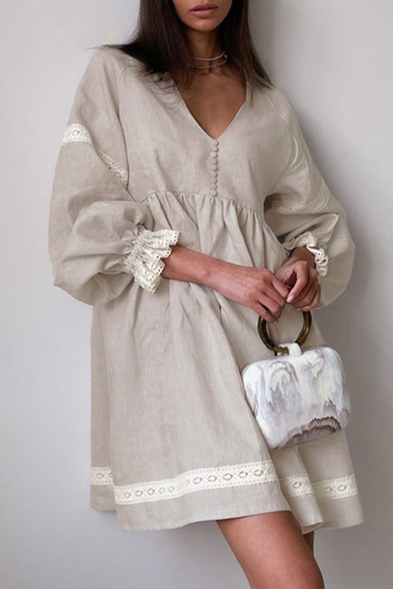 Vestidos casuales de manga larga con cuello en V y hebilla de patchwork sólido