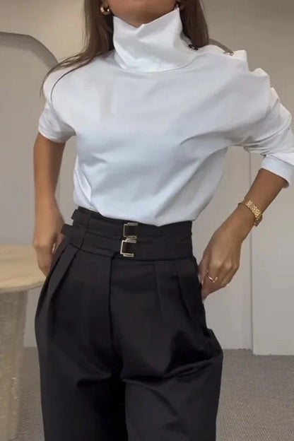 Conjunto informal de dos piezas con cuello alto, manga larga y botones de bolsillo lisos de estilo británico