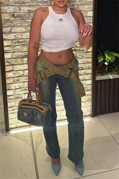 Vaqueros ajustados de cintura baja con diseño de patchwork vintage informal