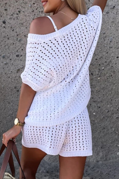 Conjunto informal de dos piezas con escote en V, manga corta y estampado de hojas, para vacaciones (3 colores)