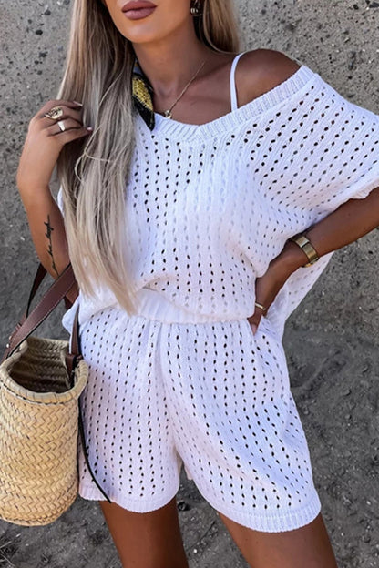 Conjunto informal de dos piezas con escote en V, manga corta y estampado de hojas, para vacaciones (3 colores)