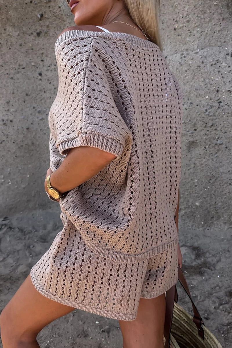 Conjunto informal de dos piezas con escote en V, manga corta y estampado de hojas, para vacaciones (3 colores)