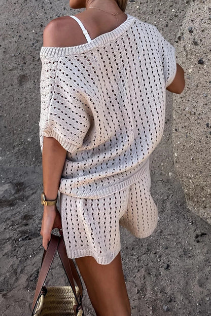 Conjunto informal de dos piezas con escote en V, manga corta y estampado de hojas, para vacaciones (3 colores)