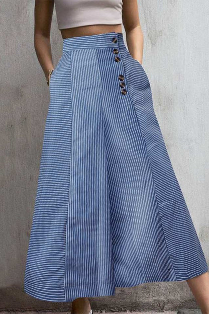 Pantalones casuales a rayas con bolsillos y botones, holgados, de cintura alta y pierna ancha, con estampado completo (3 colores)