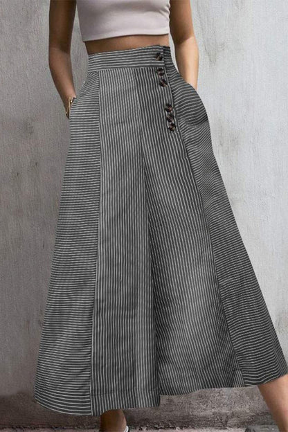 Pantalones casuales a rayas con bolsillos y botones, holgados, de cintura alta y pierna ancha, con estampado completo (3 colores)