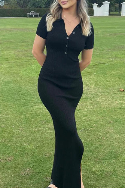 Vestido informal de manga corta con escote en V, abertura y botones lisos