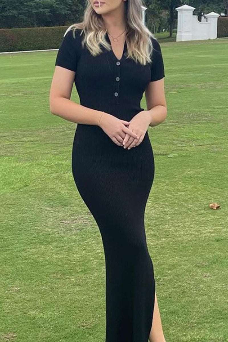 Vestido informal de manga corta con escote en V, abertura y botones lisos