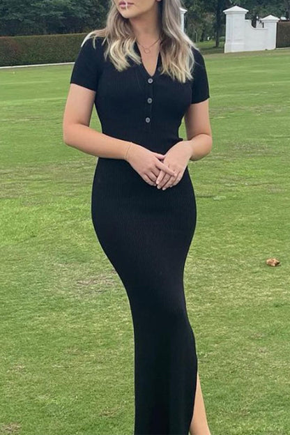 Vestido informal de manga corta con escote en V, abertura y botones lisos