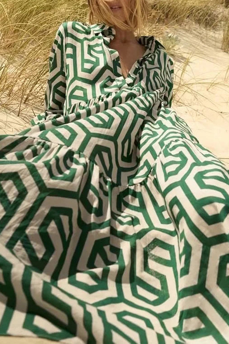 Vestido camisero informal vintage con estampado geométrico y hebilla y cuello vuelto