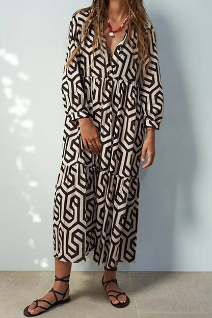 Vestido camisero informal vintage con estampado geométrico y hebilla y cuello vuelto