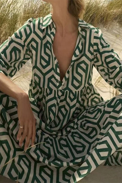 Vestido camisero informal vintage con estampado geométrico y hebilla y cuello vuelto