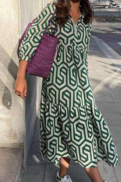 Vestido camisero informal vintage con estampado geométrico y hebilla y cuello vuelto