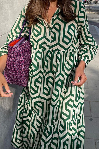 Vestido camisero informal vintage con estampado geométrico y hebilla y cuello vuelto