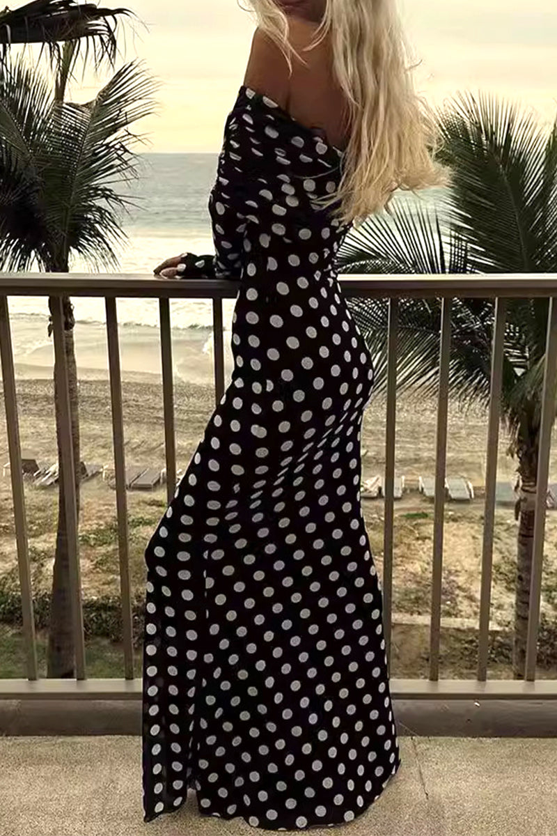 Vestidos elegantes de celebridades con falda de un solo paso, de malla con lunares y hombros descubiertos