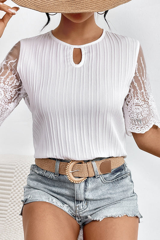 Elegantes blusas de encaje sólido con cuello redondo