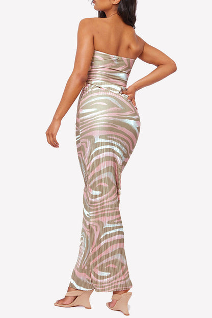 Vestidos sexis de vacaciones con estampado geométrico, sin tirantes y con pliegues, falda de un solo paso