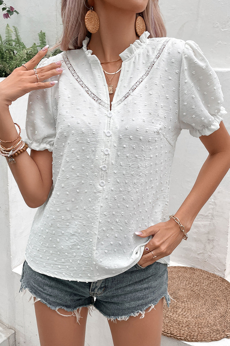 Blusas elegantes y dulces con cuello mandarín y encaje jacquard liso