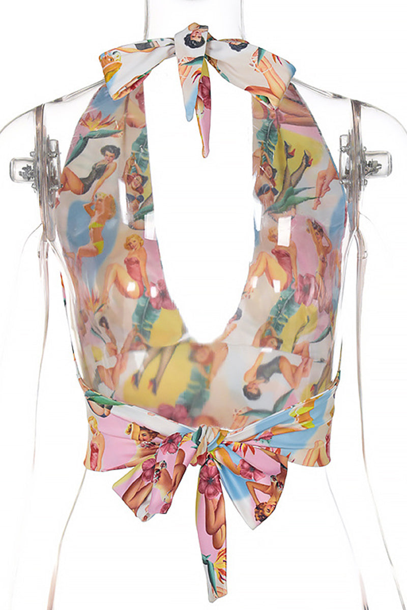 Tops halter con vendaje y estampado de personajes de vacaciones sexys