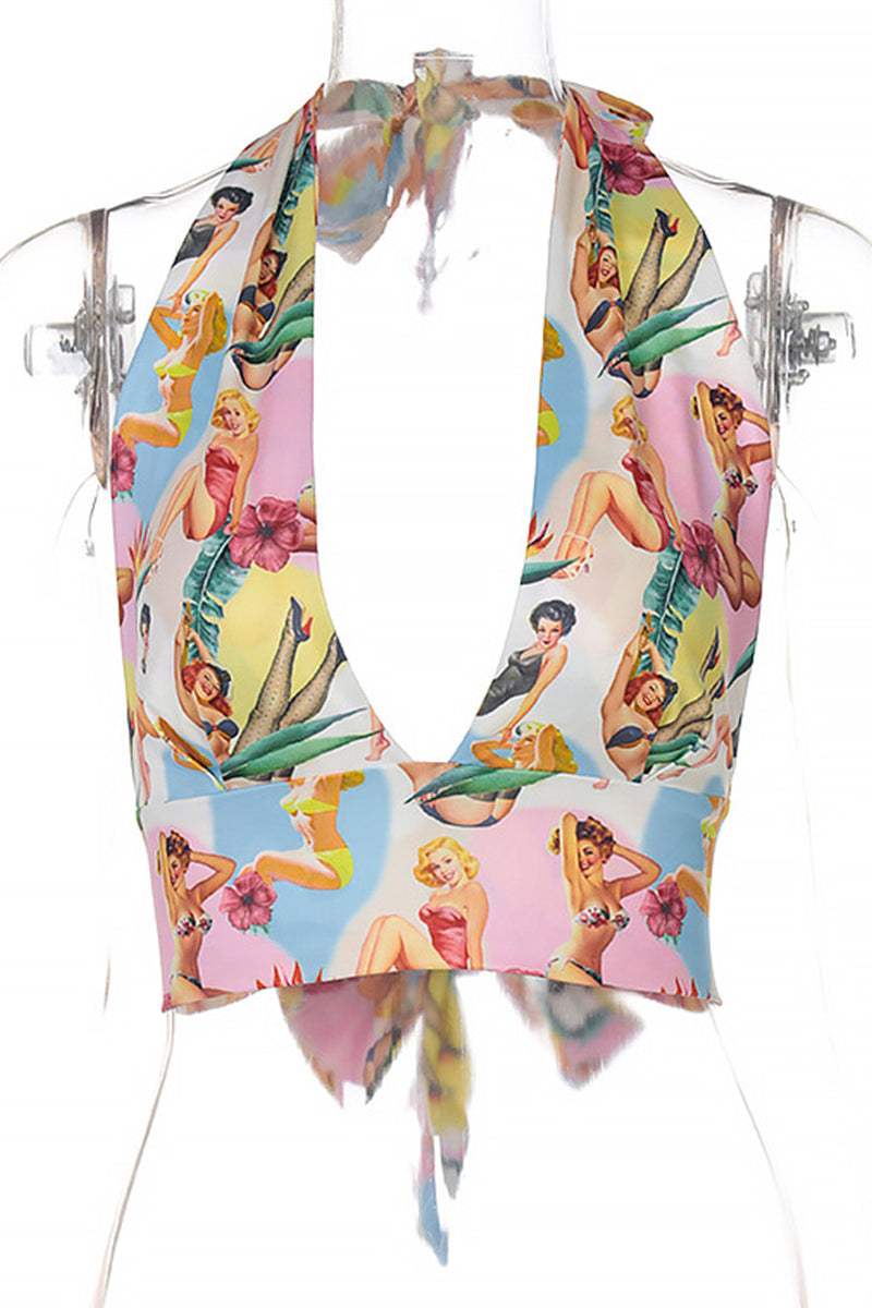 Tops halter con vendaje y estampado de personajes de vacaciones sexys