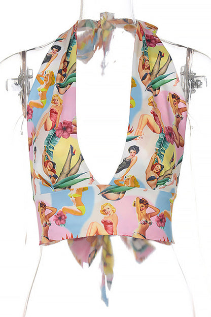 Tops halter con vendaje y estampado de personajes de vacaciones sexys
