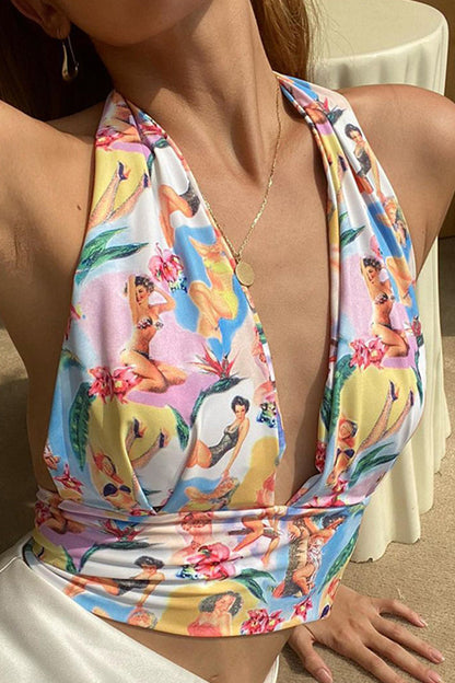 Tops halter con vendaje y estampado de personajes de vacaciones sexys